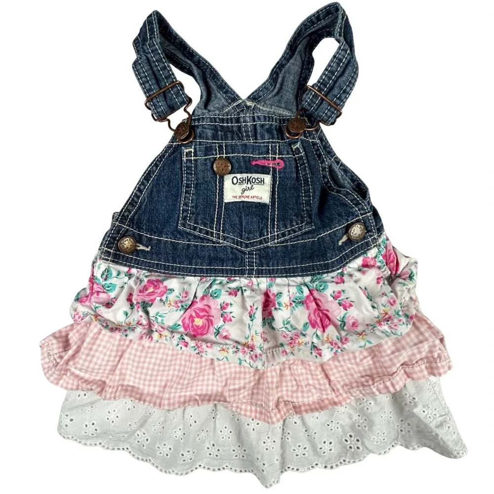 OshKosh B'gosh Girls 18M Denim Overall Dress Floral Gingham Eyelet Tiered Ruffle